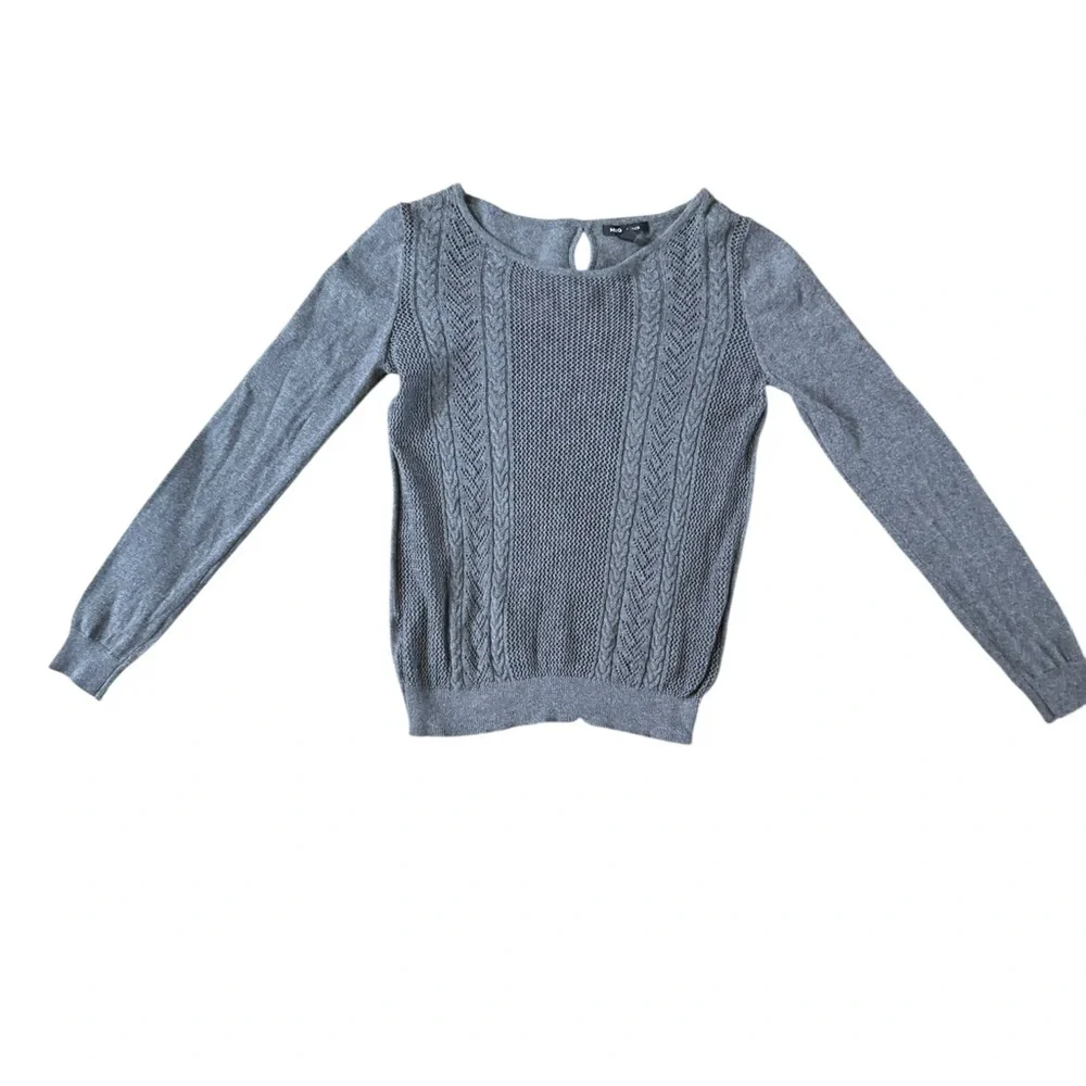 MANGO MNG Basics Gray Sweater Bows Keyholes  XS Quiet Luxury Long Sleeve Light
